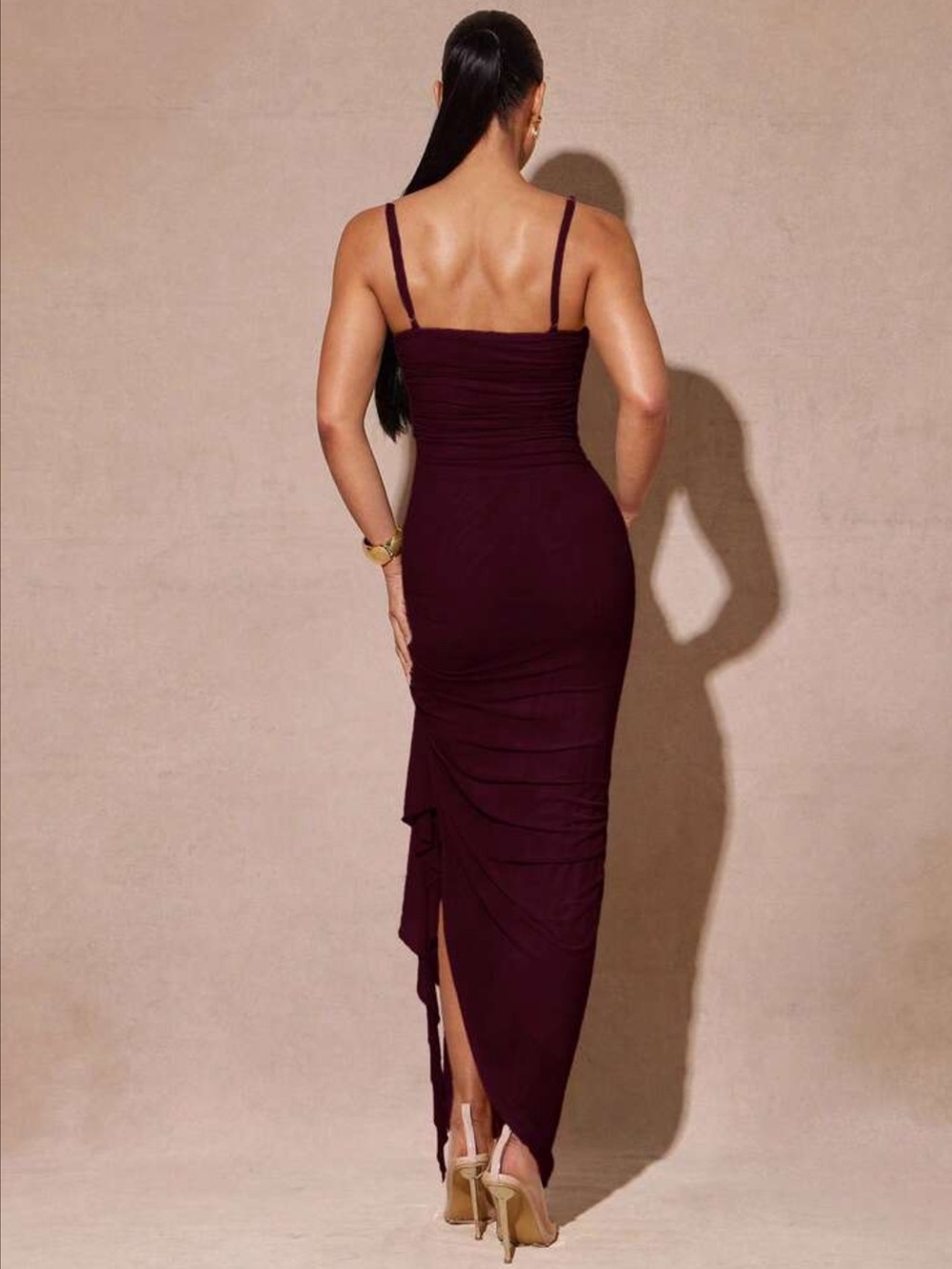 Maroon Ruched Sheath Dress with Side Ruffle - Picture 6 of 7